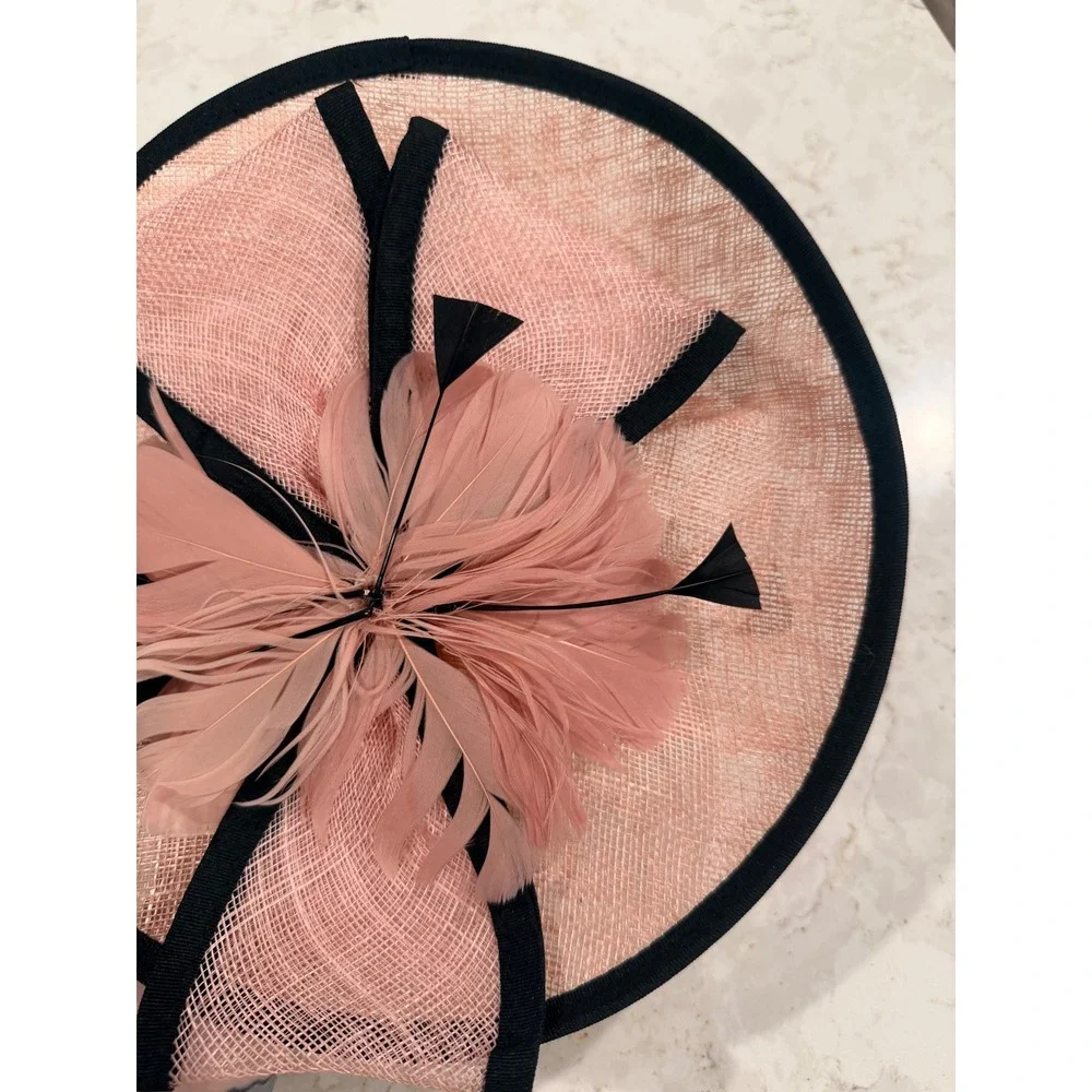 Blush Pink‎ Sinamay Fascinator Hat Black Trim Feather Detail Wedding Derby Clip